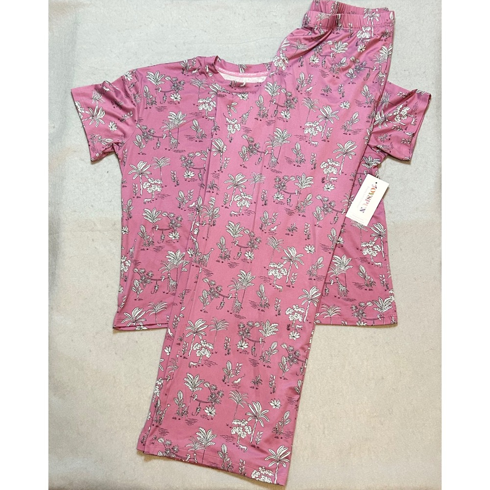 Joyspun Dreamy Soft Pajama Set S 4-6 Pink Jungle Giraffe Print Shirt Pants NEW